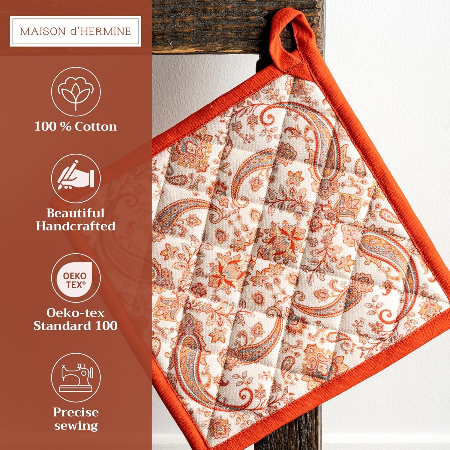 Maison d' Hermine Pot Holders 100% Cotton Heat Resistant Potholders 8" x 8" Hot Pads with Loop BBQ, Cooking, Baking, Grilling, Kitchen, Handling Hot Pans (Pack of 1, Cachemire)