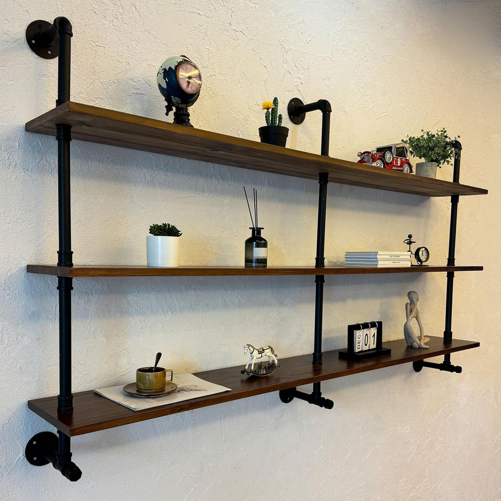 ROGMARS Industrial Pipe Wall Shelves Pipe Shelving with Real Wood Plank,70 Inches Floating Shelves for Wall Farmhouse Pipe Book Shelves Dark Brown 3Tier for Kitchen,Living Room Decor and Bar Shelving