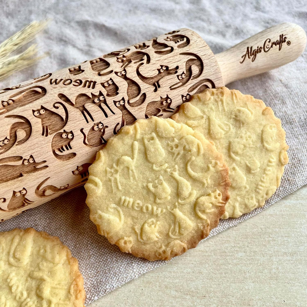 MEOW CATS EMBOSSING ROLLING PIN WOODEN HANDMADE ROLLING PIN with CATS GIFT FOR CAT LOVERS