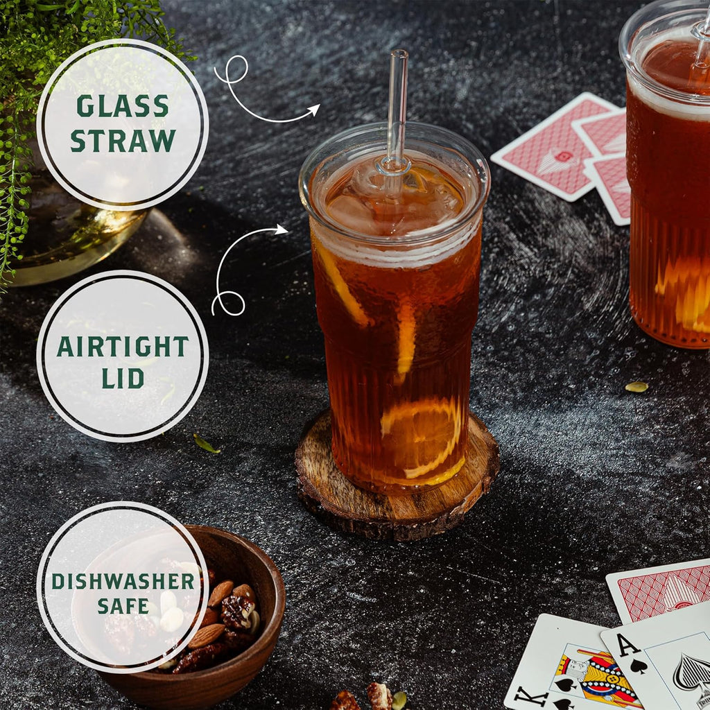 Glass Cups with Lids & Glass Straws, 20 Ounce High Borosilicate Iced Coffee Tumbler 2 Pack