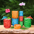 Final Touch Tiki Shot Glasses Set of 4 - Kanaloa, Lono, Kū, Kāne Designs, 2 oz (60 ml), Multicoloured, Stackable Totem Pole Storage, Durable Glassware for Tropical Shots (TK5402)