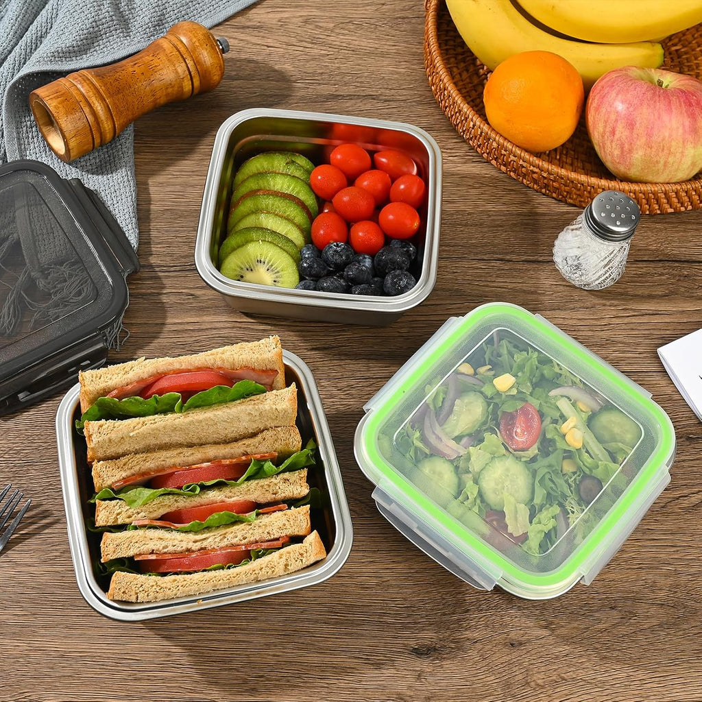 3 Pack Sandwich Containers, 24oz Stainless Steel Sandwich Box with Airtight Lids, Reusable Metal Meal Prep Lunch Boxes, BPA-Free, Dishwasher Safe, Food Storage Containers for Families (Green)