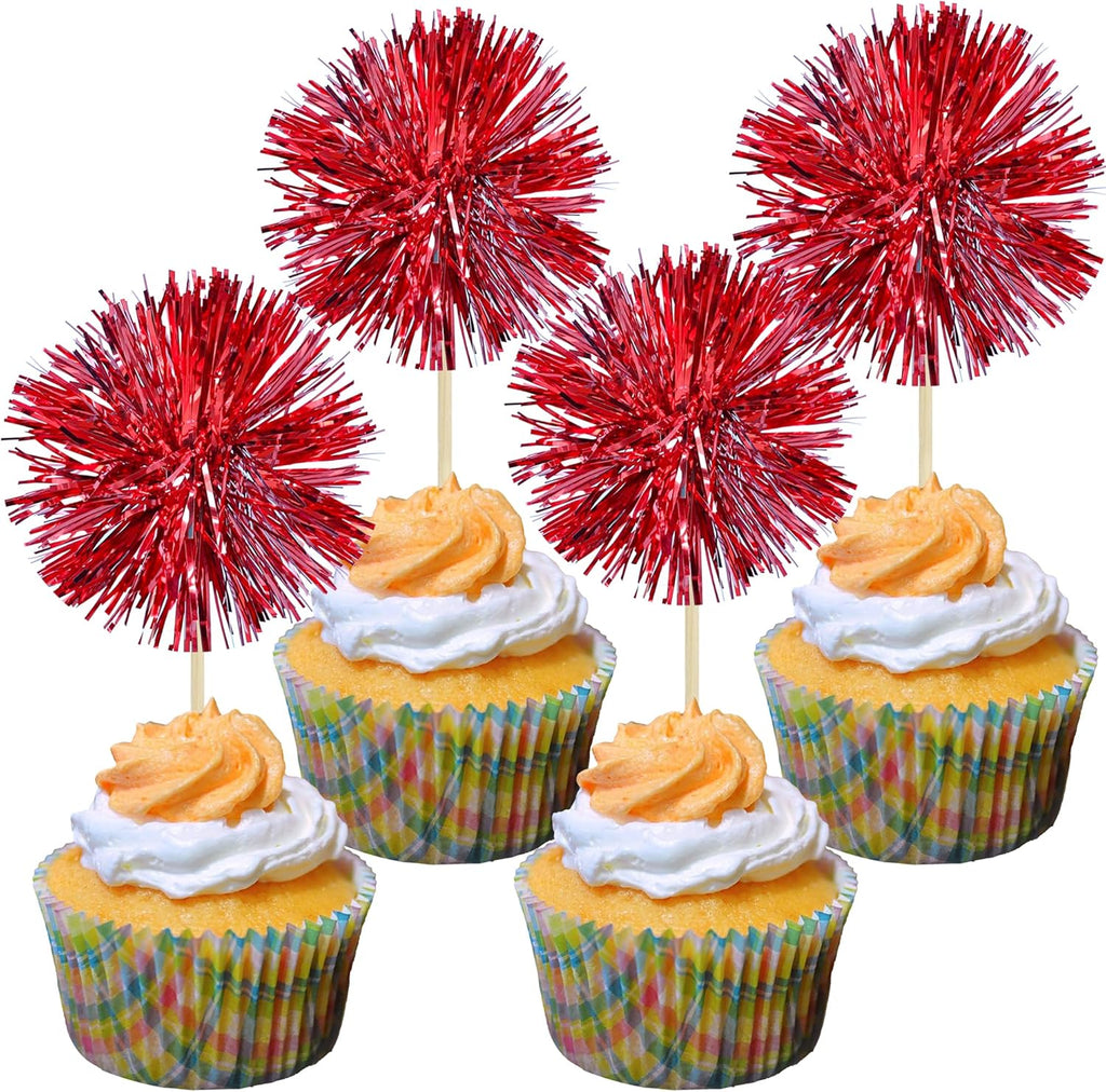 Gyufise 30Pcs Foil Firework Cupcake Toppers Sparkle Tinsel Cake Toppers Tinsel Drink Cake Decoration Cocktail Picks for Birthday Wedding Graduation Party Supplies Dark Red