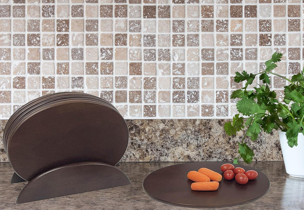 Woodard & Charles 6 Piece Wood Boards with Stand, Perfect for Serving, Sushi, Cheese, Hors D'Oeuvre, Charcuterie, Sandwiches, 7 Piece Set, 9 1/2" x 6 1/2" (Walnut)