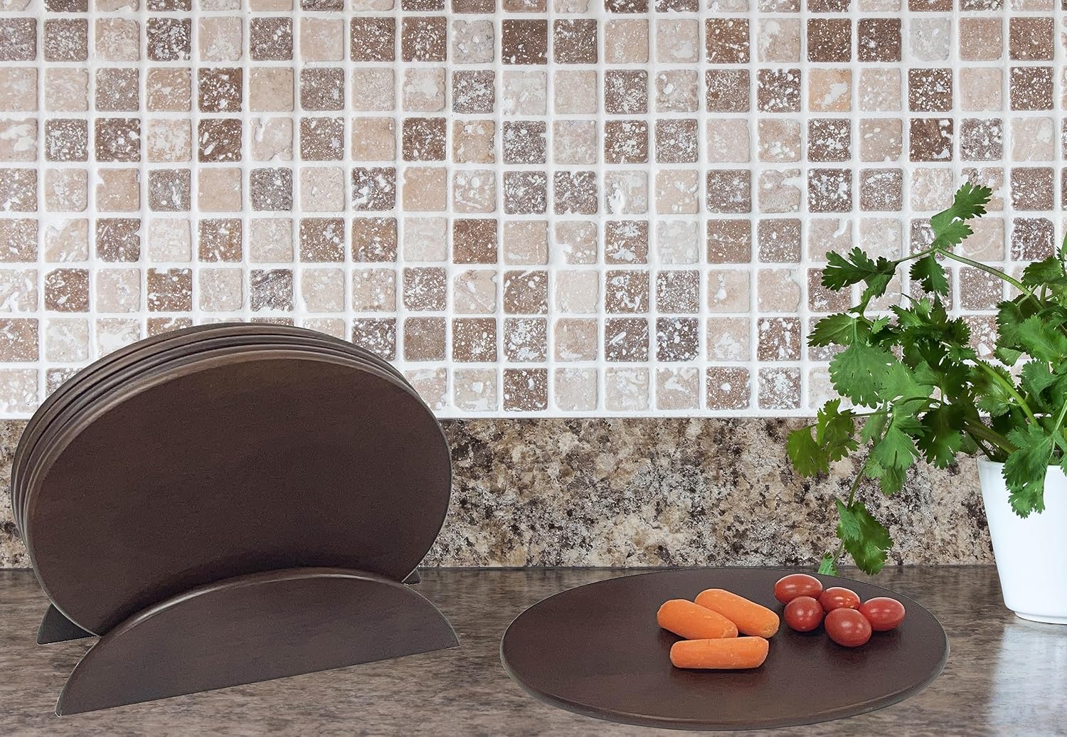 6 Walnut Stained Wood Boards with Stand, Perfect for Serving, Sushi, Cheese, Hors D'Oeuvre, Charcuterie, Sandwiches, 7 Piece Set, 9 1/2" x 6 1/2" ★★Pack of 10★★