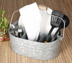 Alpha Living Home Galvanized Metal Utensil Caddy - Rustic Farmhouse Organizer Metal Garden Caddy with 4 Compartments and Wooden Handle for Kitchen, Buffet & Outdoor Events (Silver)