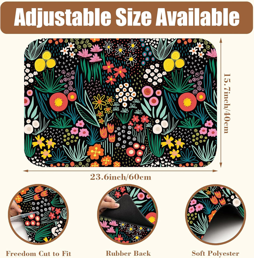 Dish Drying Mat Doodle Flower Meadow Coffee Bar Mat for Countertop Absorbent Rubber Backed Hide Stain Dish Drainer Rack Pad Coffee Pot Espresso Machine Dining Room Decoration 15.7 x 23.6 Inch