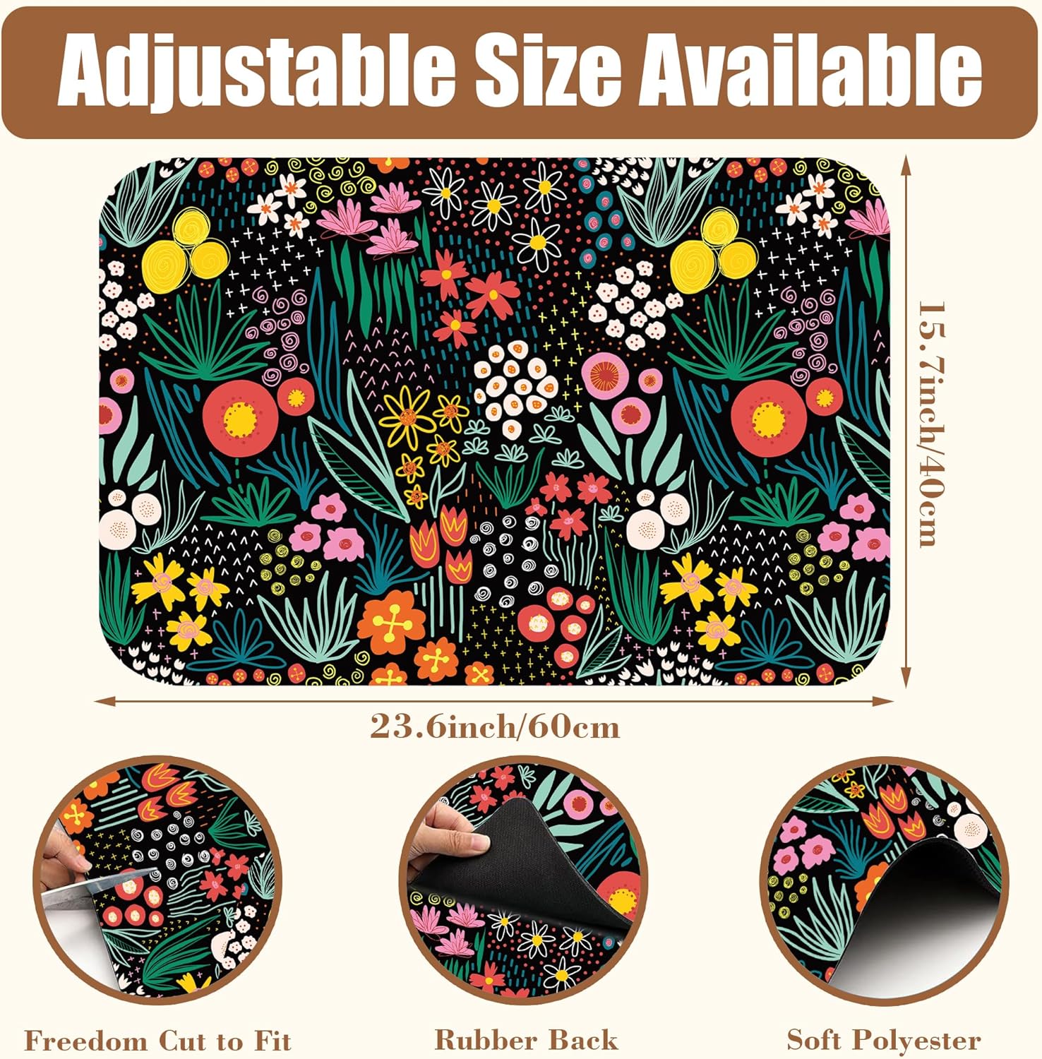 Dish Drying Mat Doodle Flower Meadow Coffee Bar Mat for Countertop Absorbent Rubber Backed Hide Stain Dish Drainer Rack Pad Coffee Pot Espresso Machine Dining Room Decoration 15.7 x 23.6 Inch