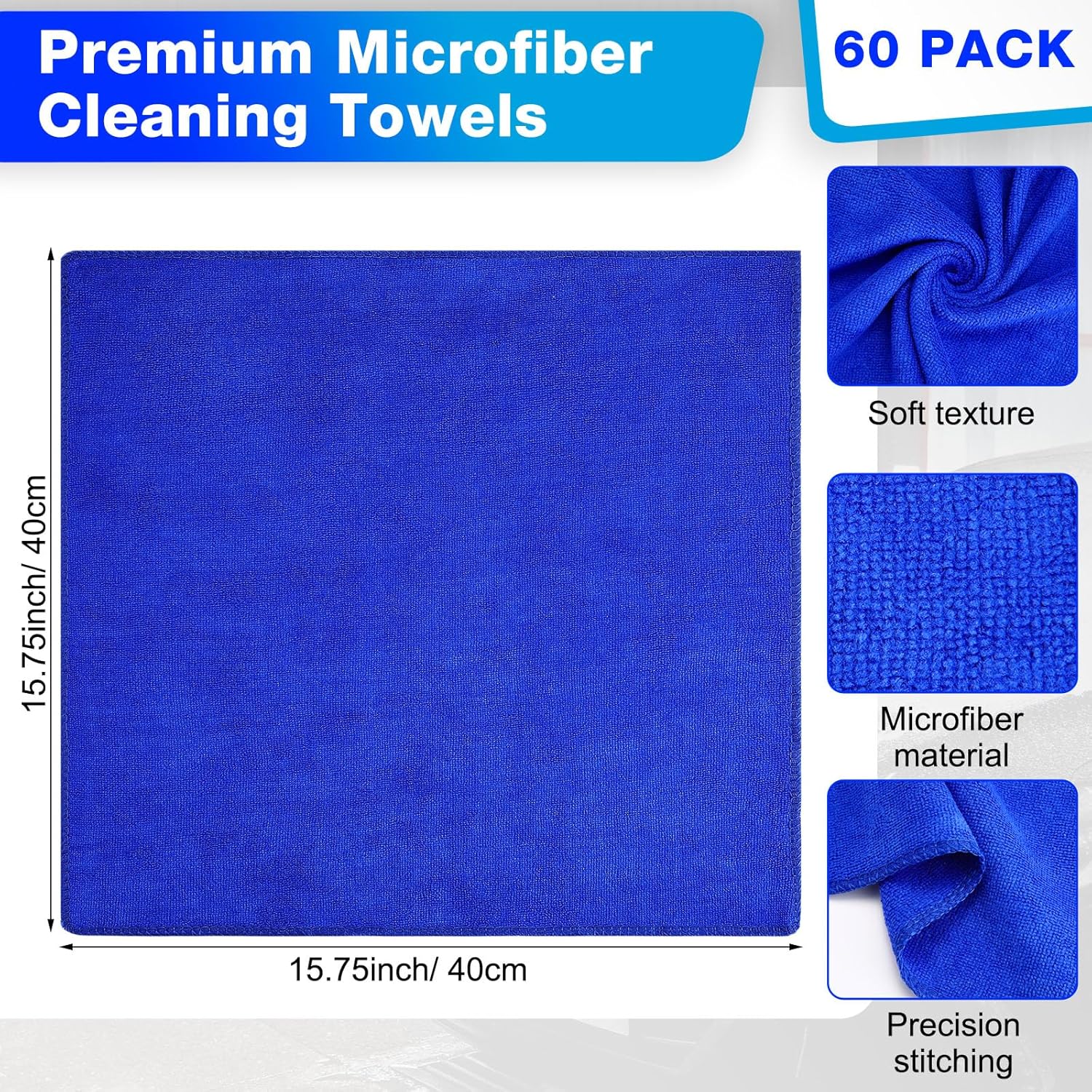 Nuenen Microfiber Cleaning Cloths for Cars 16 x 16 Inch Ultra Absorbent Car Towels Drying Reusable Cleaning Supplies House Kitchen Window Microfiber Towel(Blue,60 Count)