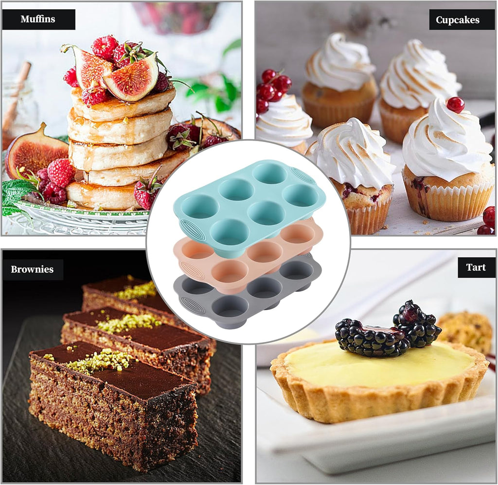 Silicone Muffin Pan, Food Grade Silicone Cupcake Molds for Baking Muffins and Cupcakes, 6-Cup Nonstick Cupcake Pan, Easy Cleaning and BPA-Free (Gray, Orange, Blue)