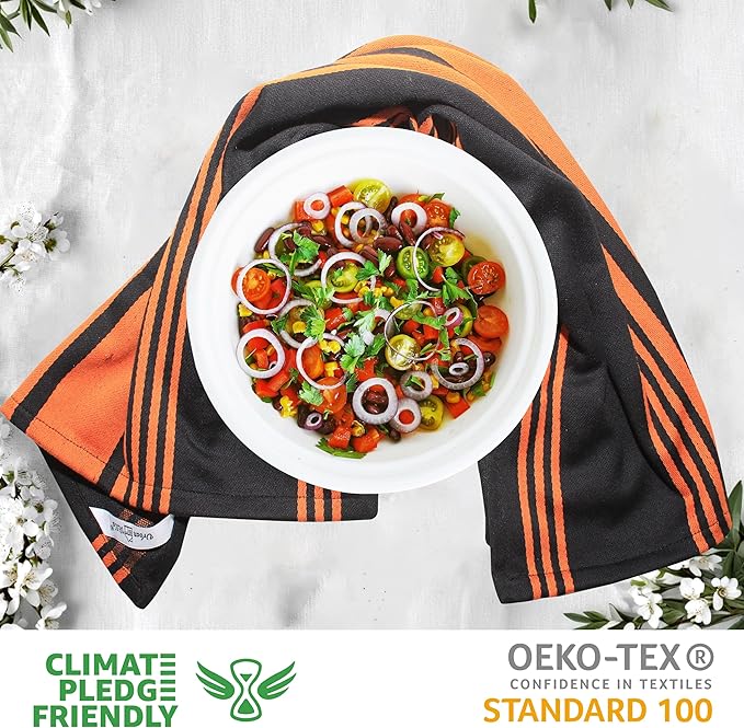 Urban Villa Kitchen Towels 100% Cotton Dish Towels(Set of 3) 20”x30” Dish Cloths Highly Absorbent Kitchen Linen Set with Hanging Loop Perfect for Drying Dishes Cleaning Towels-Orange Balck