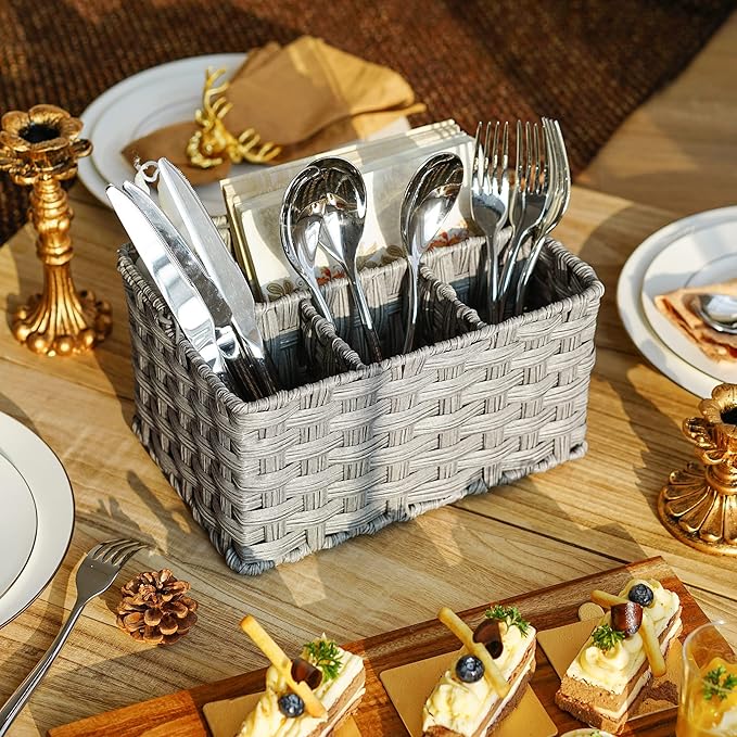 GRANNY SAYS Wicker Utensil Caddy - Picnic Basket with Handle, Organizer for Kitchen Table or Cabinet, Silverware Holder for Parties
