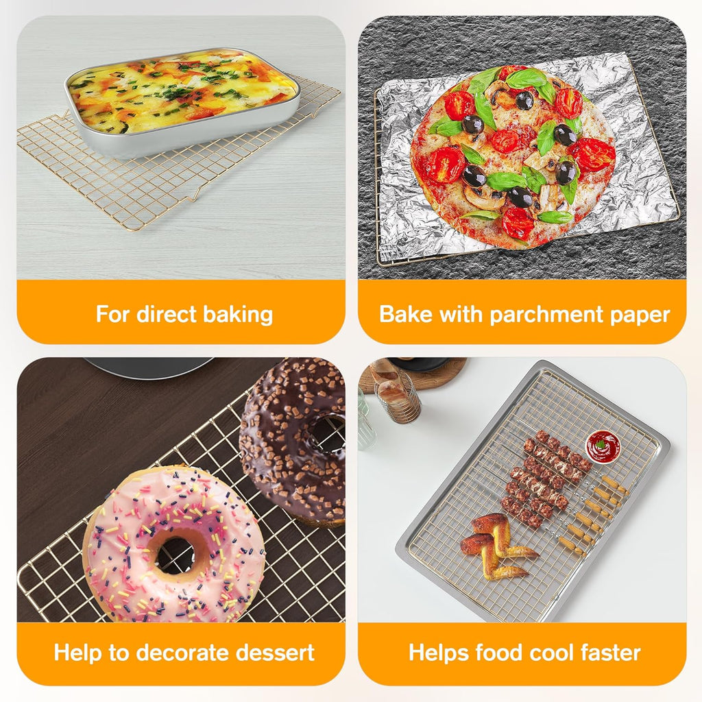 2PCS Cooling Racks for Cooking and Baking - 10" x 16"Heavy Duty Stainless Steel Wire Rack for Baking, Grilling, Roasting - Oven & Dishwasher Safe - Fits Half Sheet Pan（Gold）