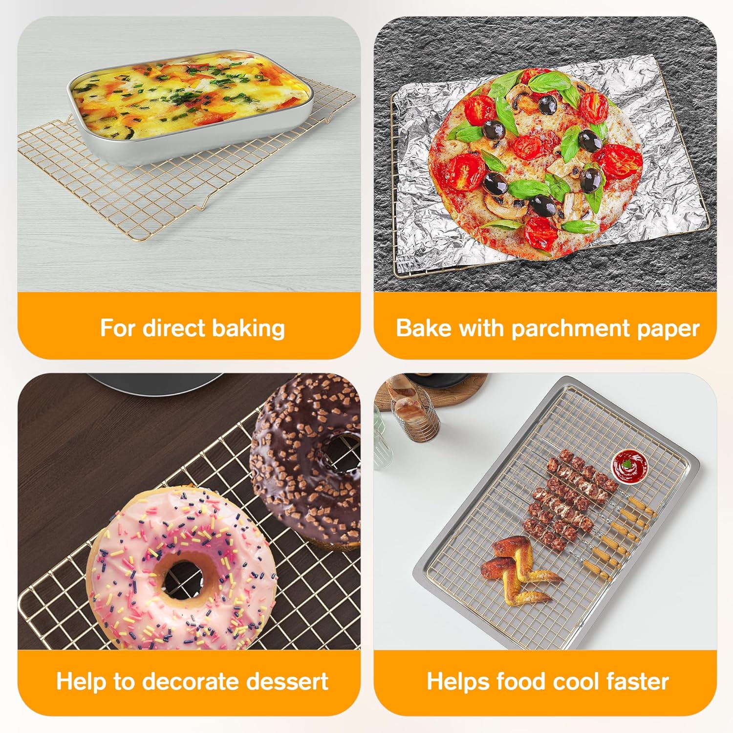 2PCS Cooling Racks for Cooking and Baking - 10" x 16"Heavy Duty Stainless Steel Wire Rack for Baking, Grilling, Roasting - Oven & Dishwasher Safe - Fits Half Sheet Pan（Gold）