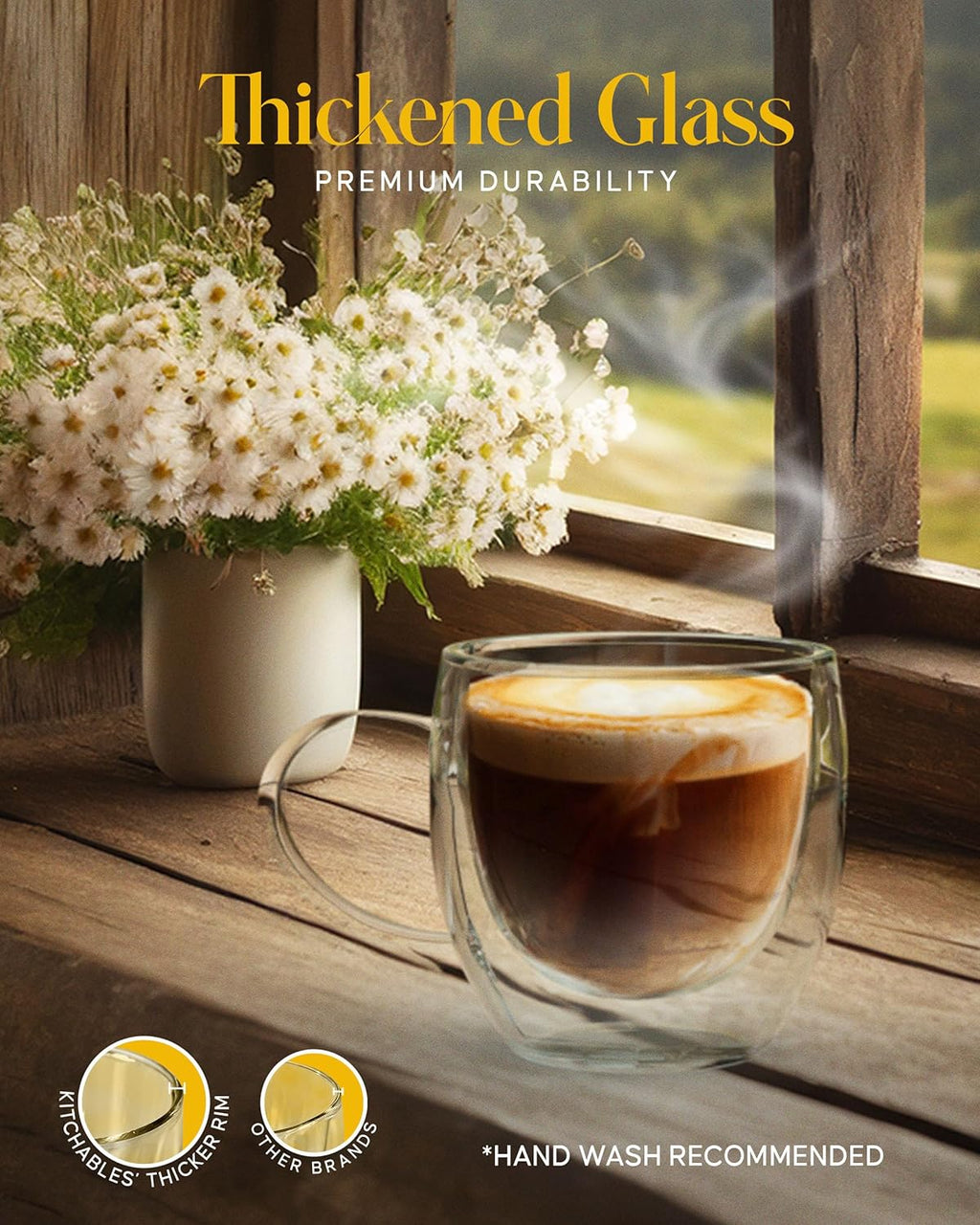 Kitchables Double Walled Glass Coffee Mugs Set of 4, 8oz - Insulated Glass Coffee Mugs for Cappuccino, Latte, Tea, Espresso - Latte Cup - Tazas Para Cafe