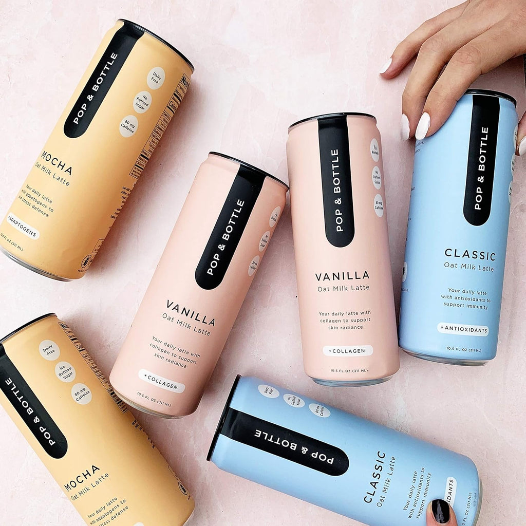 Pop & Bottle, Oat Milk Lattes - Cold Brew, Maca, Antioxidants, Ashwagandha, MCT Oil, Collagen, Organic, Diary Free, Gluten Free, Lightly Sweetened with Dates - Variety, 8 Fl Oz (12 Pack)