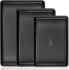 Cookie Sheets for Baking Nonstick - HONGBAKE Baking Sheet Pan Set of 3, Half/Quarter/Jelly Roll Pan for Oven with Diamond Texture Pattern, 57% Thicker Carbon Steel Cookie Trays, Dark Grey