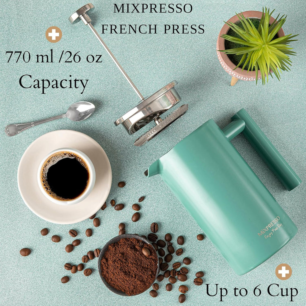 Mixpresso Green Stainless Steel French Press Coffee Maker 26 Oz 770 Ml, Double Wall Insulated French Press Stainless Steel, Easy Clean Tea Brewer, Easy Press Durable Metal Coffee Press