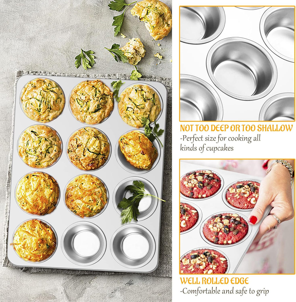 E-far Muffin Pan 12-Cup, Stainless Steel Cupcake Pan Metal Muffin Baking Tins for Oven, Regular Size & Easy Clean, Non-toxic & Dishwasher Safe