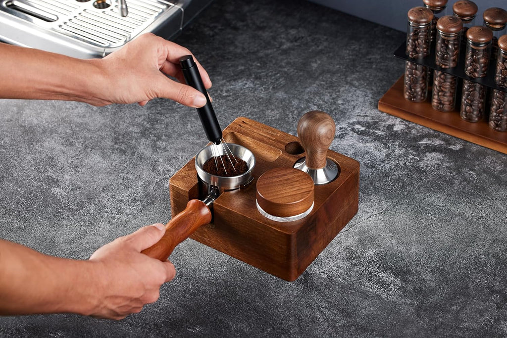 Tamping Station for Portafilters Solid Wood Espresso Accessories 5-Slot Organizer with Anti-Slip Base & Adjustable height (small)