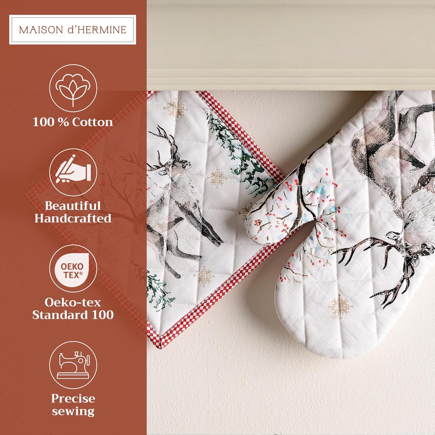 Maison d' Hermine 100% Cotton Oven Mitt & Pot Holder Set (7.5"x13" & 8"x8") Heat Resistant BBQ Cooking Gloves with Loop, Baking, Grilling, Kitchen, Handling Hot Pans (Rural Christmas)