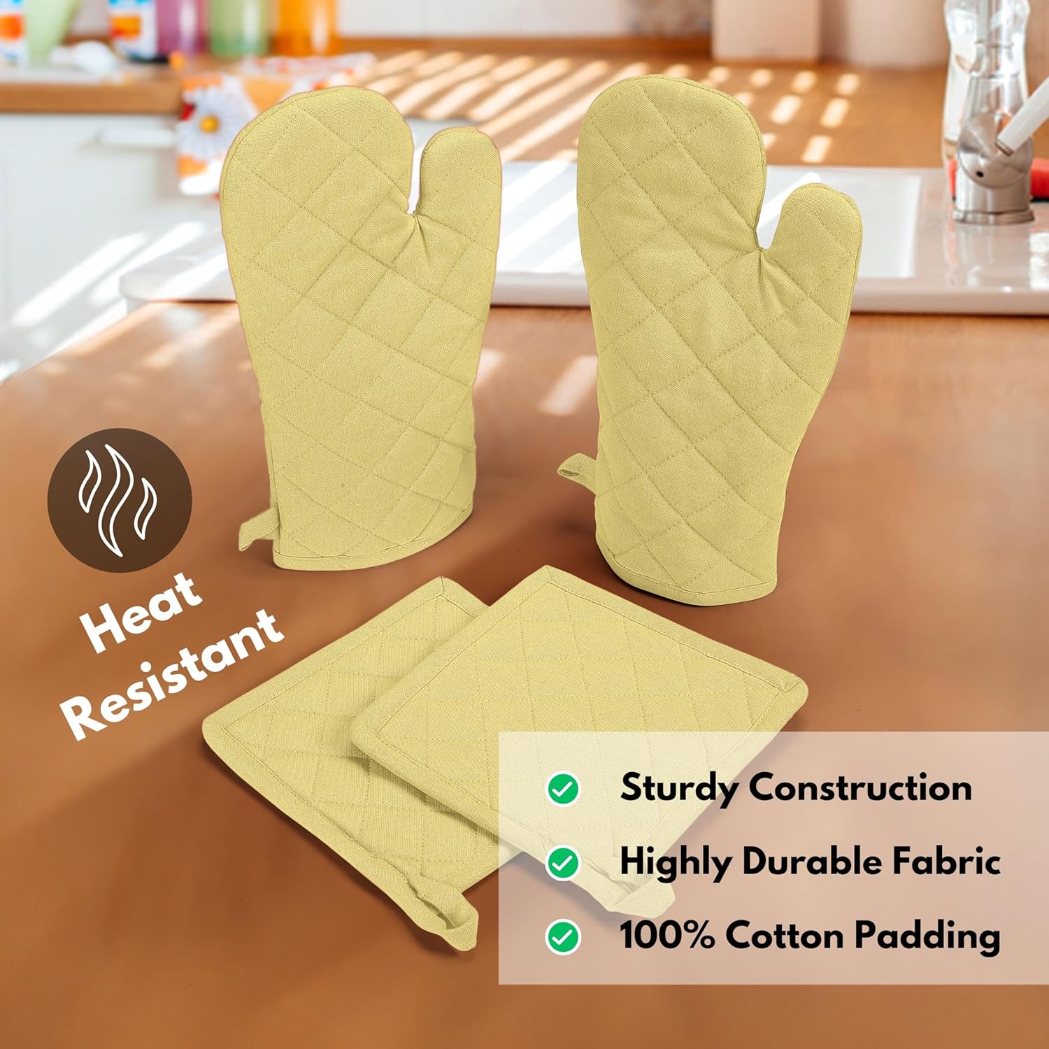 Native Fab 4 Piece Set - 2 Oven Mitts & 2 Potholders, Heat Resistant, 100% Cotton, Quilted Design, Non-Slip Grip, Machine Washable, Ideal for Baking, Cooking, BBQ, Kitchen Protection - Pale Yellow