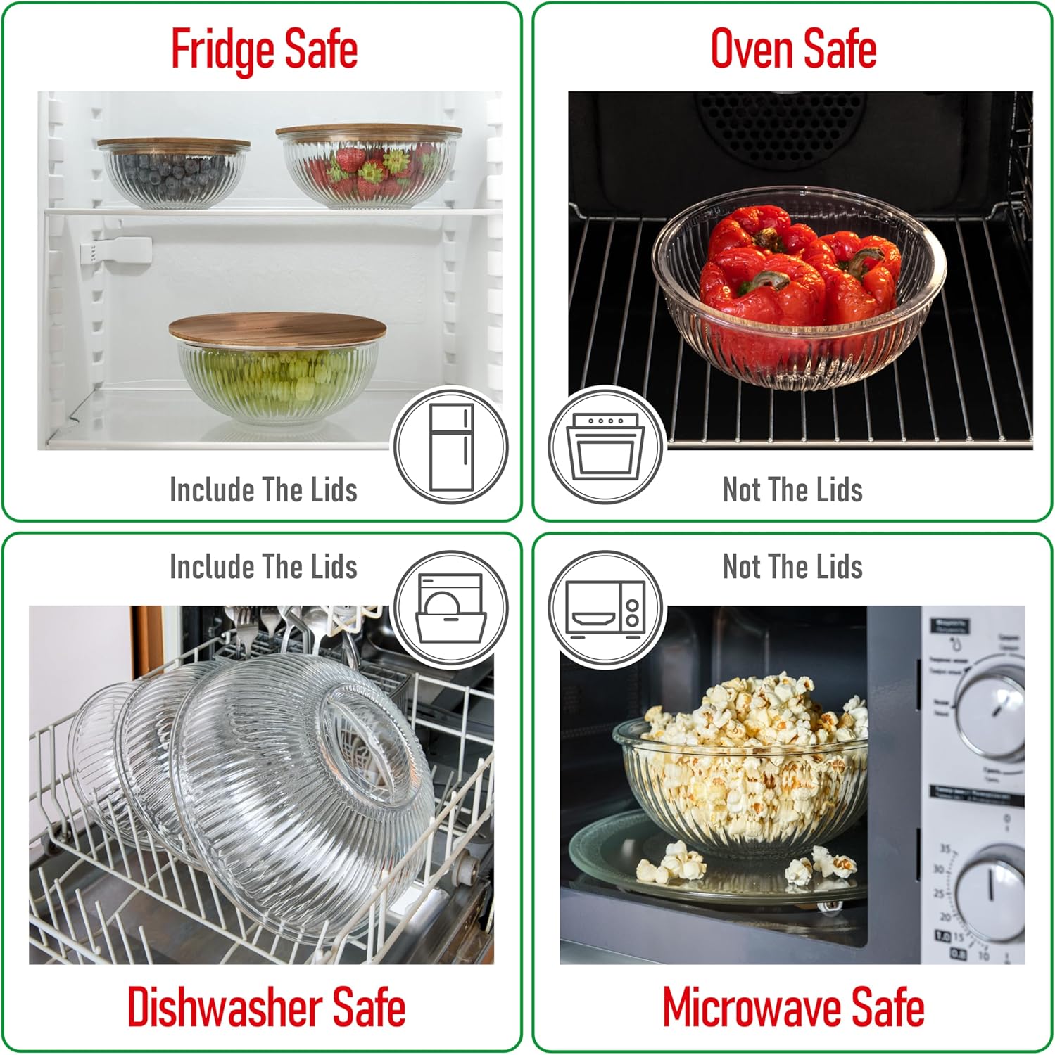 Set of 3 Stackable Space-Saving Nesting Glass Salad Bowls with Acacia Lids for Foodprep, Storage, Baking, Mixing & Cooking - Microwave Safe Durable Inert Borosilicate Glass