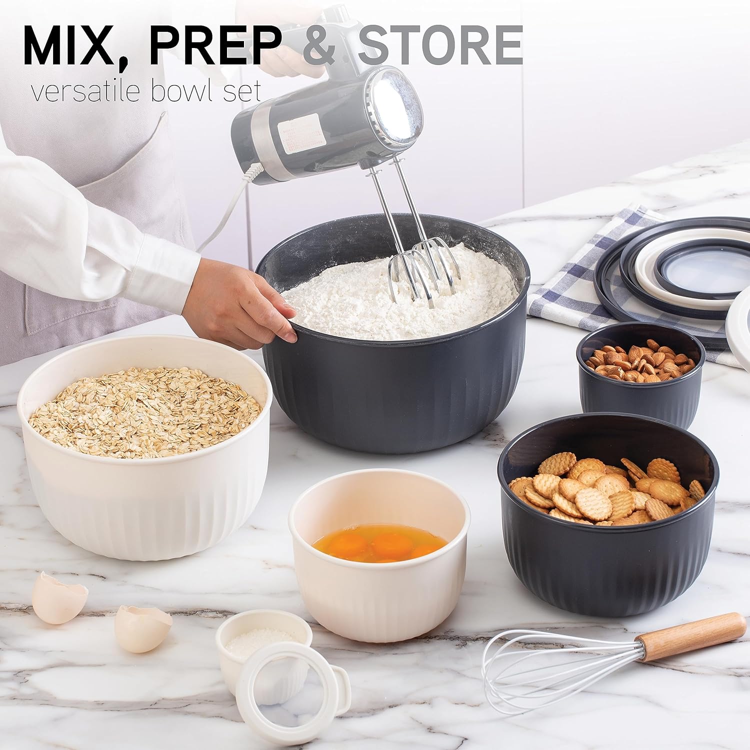 COOK WITH COLOR Prep Bowls with Lids- Wide and Deep Nesting Plastic Small Mixing Bowl Set with Lids, 12 Piece Set - Deep Bowls, Speckled Black