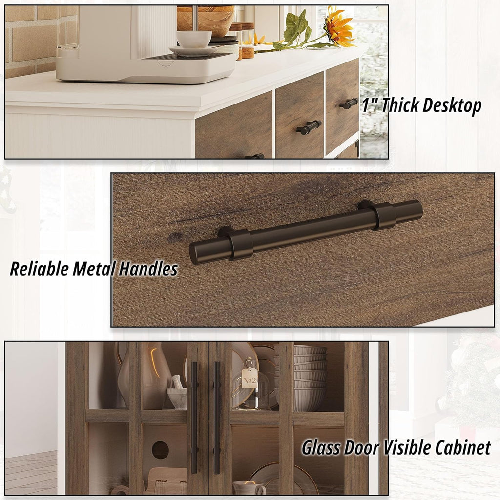 IRONCK Buffet Cabinet with Storage, 55" Large Sideboard Buffet Storage with LED Lights, Farmhouse Coffee Bar Wood Liquor Cabinet for Kitchen, Dining Room, White and Oak