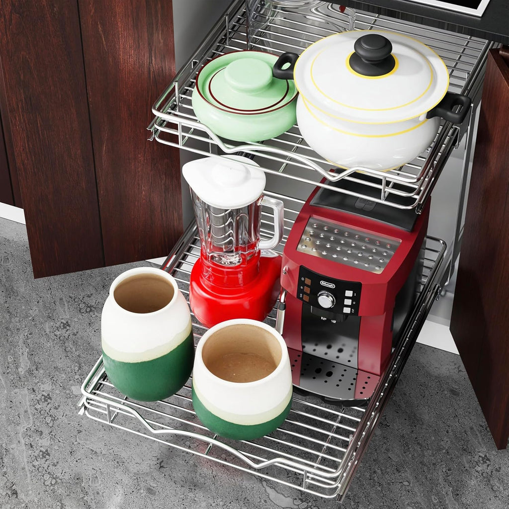 HOLDN’ STORAGE Two Tier Pull Out Cabinet Organizer, Individual Sliding Drawers - Heavy Duty Metal with Lifetime Limited Warranty - Anti Rust Chrome Finish - 22" W x 21”D x 16.5" H