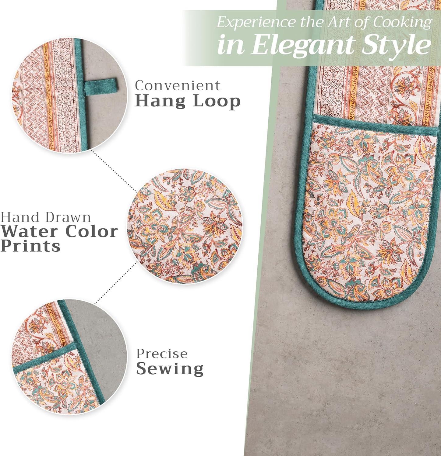 Maison d' Hermine Double Oven Mitts 100% Cotton 7"x35" Double Oven Mitt Heat Resistant BBQ Cooking Gloves with Loop, Baking, Grilling, Home, Kitchen, Handling Hot Pans (Nila)