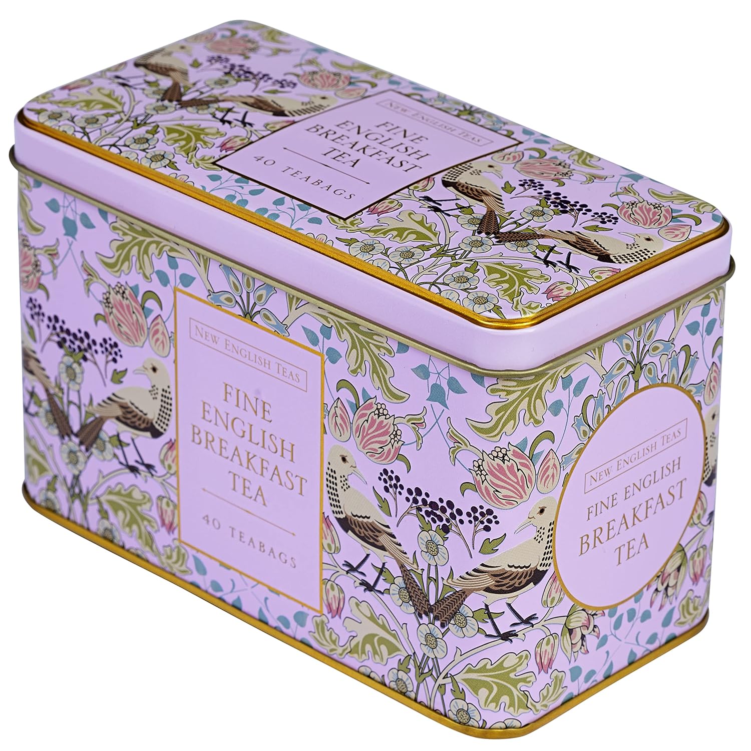 New English Teas Song Thrush and Berries Tea Tin in Pink with 40 English Breakfast Teabags