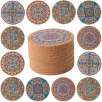 Coasters for Drinks 12 pcs Absorbent Cork Coasters with Turkish Mandala Pattrn for Coffee Table Housewarming Gifts for New Home Present for Friends, Living Room Decor, Apartment Decor