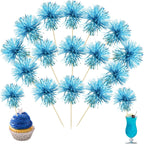 Ephlyn 30Pcs Foil Firework Cupcake Toppers Sparkle Tinsel Cupcake Picks Happy Birthday Cake Toppers Drink Stirrers Cocktail Food Toothpicks for Baby Shower Birthday Party Supplies Lake Blue