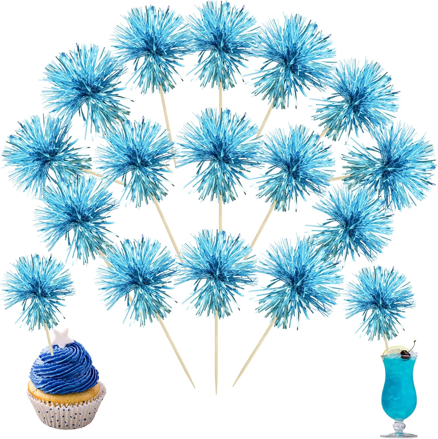 Ephlyn 30Pcs Foil Firework Cupcake Toppers Sparkle Tinsel Cupcake Picks Happy Birthday Cake Toppers Drink Stirrers Cocktail Food Toothpicks for Baby Shower Birthday Party Supplies Lake Blue