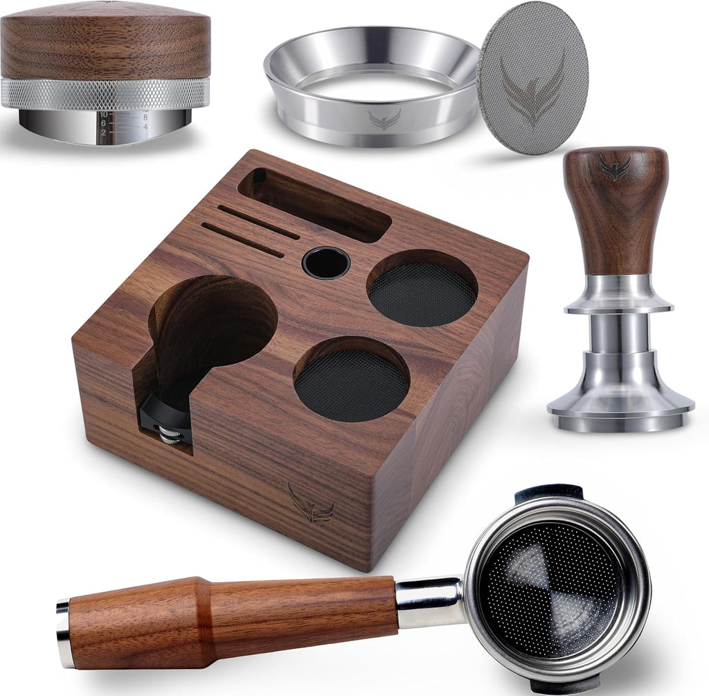 58mm Rocket Accessories Kit – E61 Bottomless Portafilter, Espresso Tamper, Distributor, Tamping Station, Puck Screen & Funnel Premium Walnut Espresso Tools Barista Kit