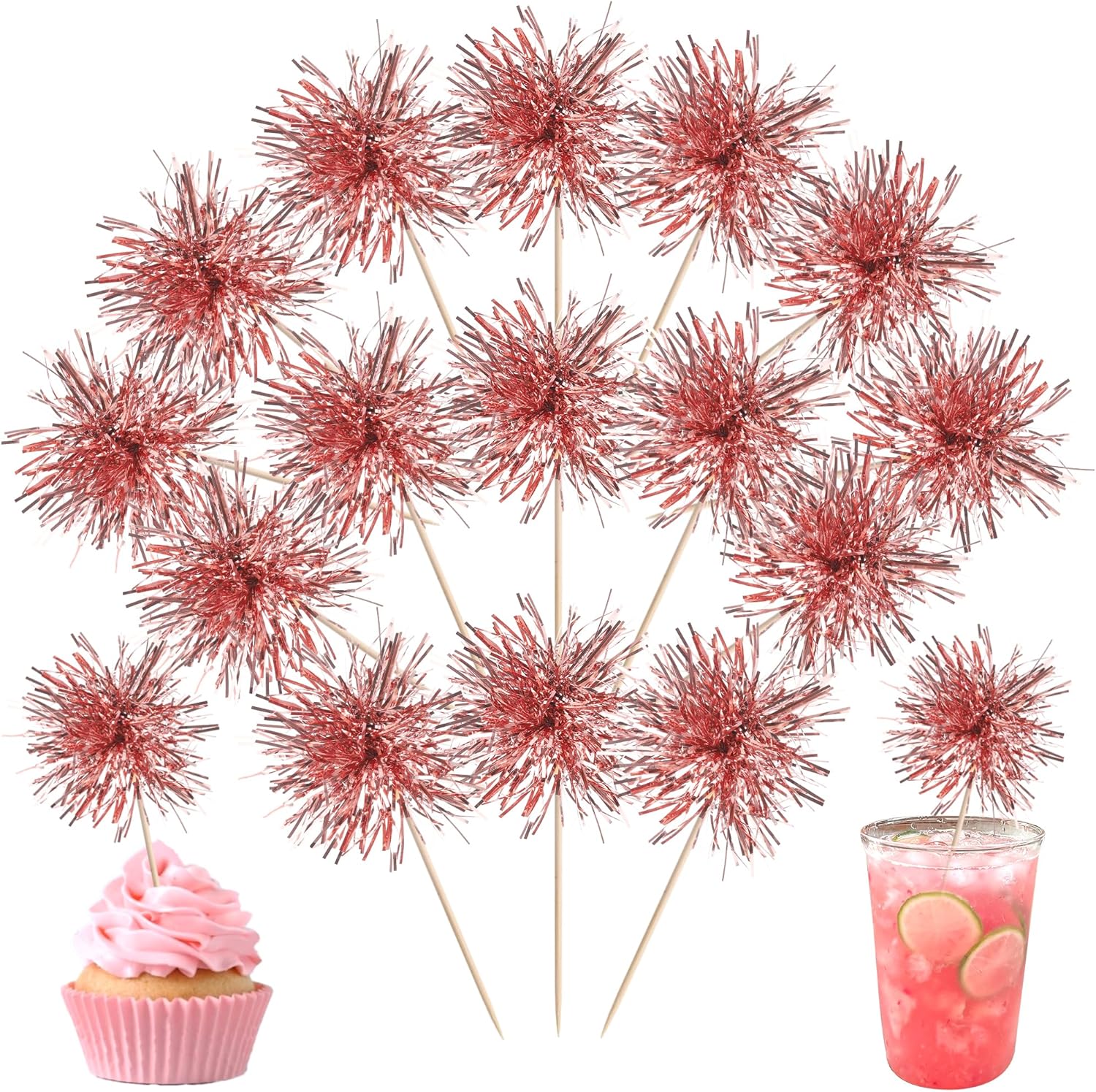 40 PCS Foil Firework Cupcake Toppers Rose Gold Sparkler Cupcake Picks Sparkle Tinsel Fireworks Decorations Cocktail Fruit Toothpick for Firework Theme Birthday Wedding Graduation Party Decor Supplies