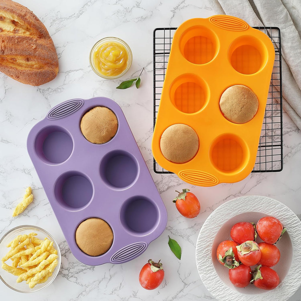 JJOO 2PCS Silicone Muffin Pan, 6-Cavity Nonstick Muffin Cupcake Pans Molds for Baking, Great for Cupcakes, Muffin, Brownies and More, BPA Free, Pack of 2 Colors (Orange and Purple)