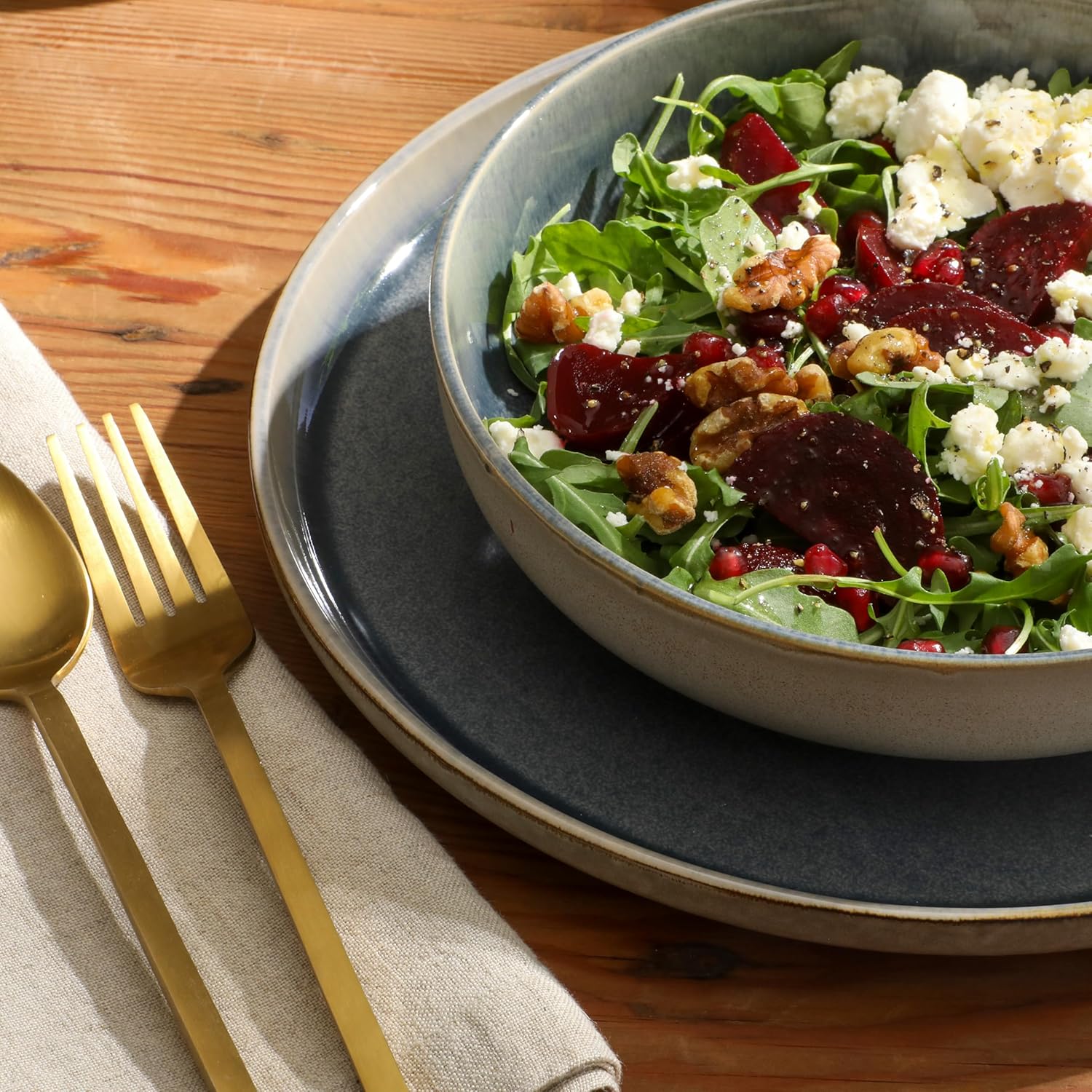 Gibson Elite Sunveil 16 Piece (Service for 4) Plates and Bowls Reactive Glaze Round Dishes Stoneware Ceramic Dinnerware Set -Blue