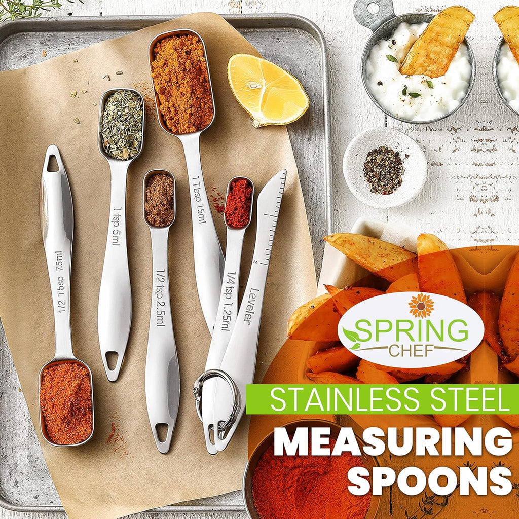 Spring Chef Stainless Steel Measuring Spoons Set of 6 with Leveler, Rectangular Metal Teaspoon & Tablespoon Measuring Spoons for Dry & Liquid Ingredients - Nesting Kitchen Gadgets For Baking & Cooking
