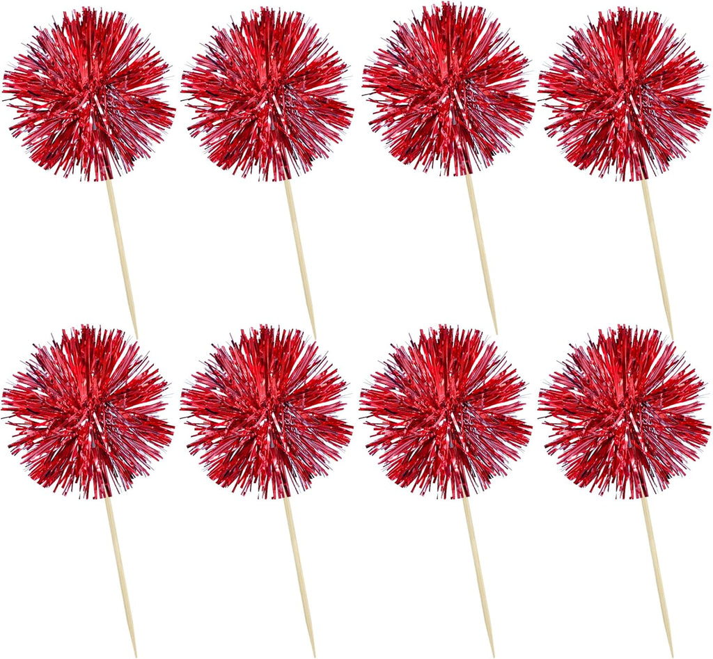 Ephlyn 30Pcs Foil Firework Cupcake Toppers Sparkle Tinsel Cupcake Picks Happy Birthday Cake Toppers Drink Stirrers Cocktail Food Fruit Toothpicks for Baby Shower Birthday Party Supplies Red