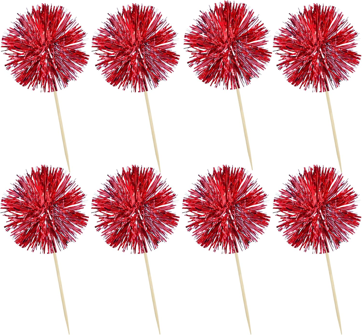 Ephlyn 30Pcs Foil Firework Cupcake Toppers Sparkle Tinsel Cupcake Picks Happy Birthday Cake Toppers Drink Stirrers Cocktail Food Fruit Toothpicks for Baby Shower Birthday Party Supplies Red