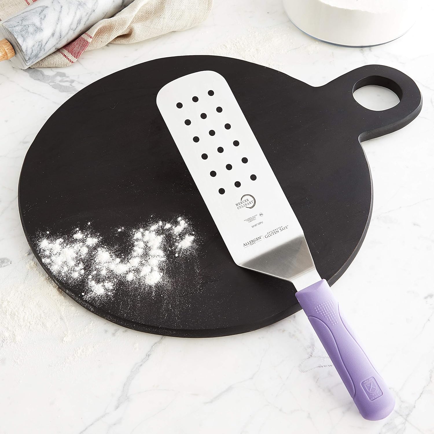 Mercer Culinary Millennia Perforated Turner/Spatula, 8 Inch x 3 Inch Blade, Purple Handle