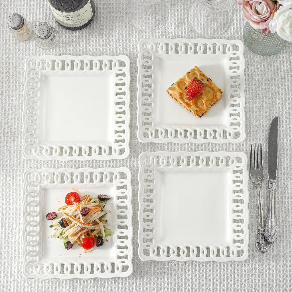 Square Appetizer Plate, Set of 4, 8 inch Ceramic White Dinner Plates with Lace Rim, Small for Cake Snacks Dessert Steak Bread Butter Canape Luncheon Side Dish at Home Hotel and Restaruant, Stackable