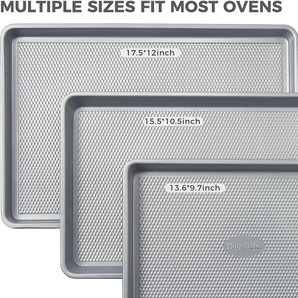 HONGBAKE Naturally Non Toxic Baking Sheet Pan Set of 3, Heavy Duty Aluminized Steel Cookie Sheets, Half/Quarter/Jelly Roll Pans with Textured Nonstick Surface, Free of PTFE & PFOA