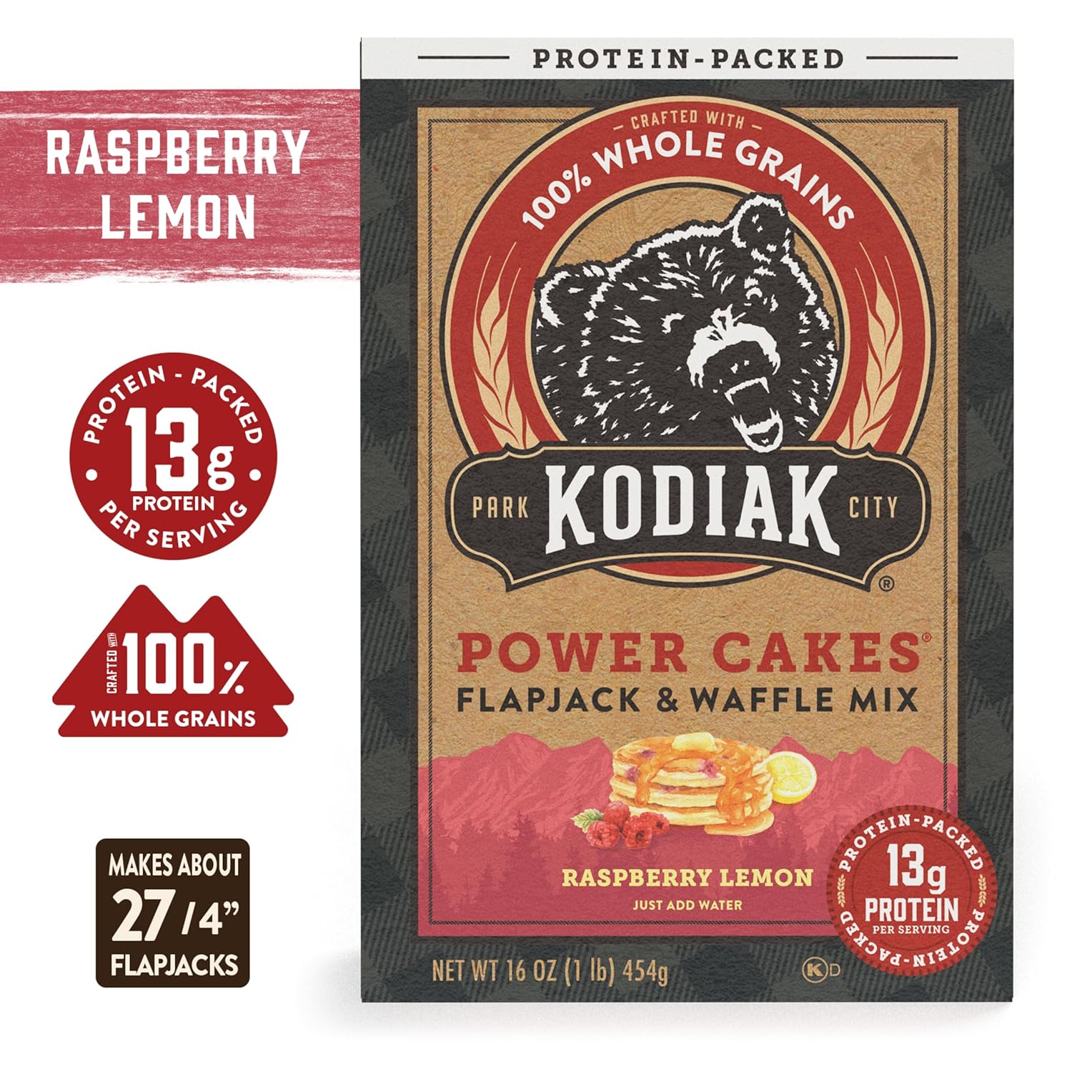Kodiak Cakes Power Cakes, Pancake & Waffle Mix, Raspberry Lemon, High Protein,100% Whole Grains (Pack of 6)
