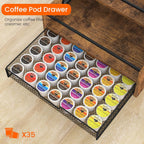 Homode Coffee Syrup Organizer Rack, 3-Tier 8 Bottles Syrup Stand with 35 K Cup Storage Drawer for Coffee Station Bar Accessories, Countertop Wood Liquor Bottle Holder for Wine, Rustic Brown