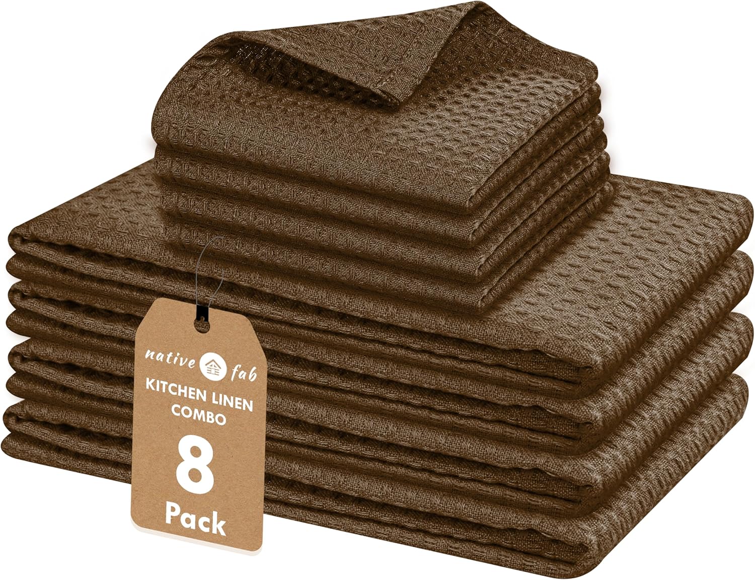 Native Fab Cotton Dish Towel & Dishcloths 8 Piece Set - Soft, Absorbent, Durable, Washable, Fast Drying Towels for Cleaning, Cooking, Baking - Ideal for Home, Kitchen, BBQ & Outdoor Use - Brown