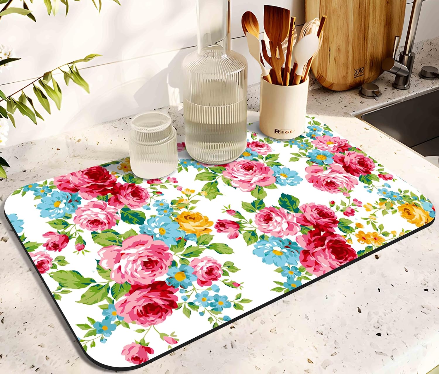 Dish Drying Mat for Kitchen Counter 20x12in Washable Quick Dish Drying Pad Rubber Backed Absorbent Draining Mat Fit Kitchen Counter,Bar,Under Sink,Dishes,Utensils,Dish Rack