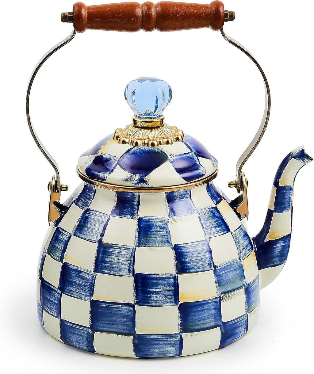 MACKENZIE-CHILDS Enamel Tea Kettle, Stylish Tea Kettle for Stovetop, Blue-and-White Royal Check, 2 Quarts